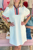 White Textured Jacquard Colorblock Edge Puff Sleeve Quarter Zip Mini Dress