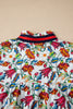 Multicolour Contrasted V Neckline Floral Puff Short Sleeve Blouse