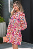Red Fall Flower Print Long Sleeve Mini Dress