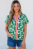 Green Abstract Print Striped Trim V Neck Short Sleeve Blouse