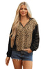 Brown Leopard Patchwork Contrast Stitching Knotted Cuff Quarter Zip Hoodie