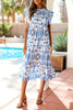 Sky Blue Tropical Botanic Print Flutter Sleeve Vacation Long Dress
