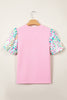 Pink Round Neck Textured Contrast Floral Bubble Sleeve Blouse