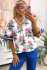 White Floral Colorblock Stripe Knot Bubble Sleeve V Neck Blouse
