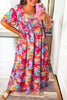 Rose Abstract Printed Puff Sleeve Square Neck Smocked Bust Tied Back Plus Size Dress