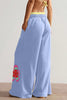 Sky Blue Color Block Flower Patchwork Drawstring Contrasted Elastic Waist Wide Leg Pants
