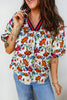 Multicolour Contrasted V Neckline Floral Puff Short Sleeve Blouse