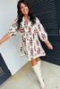 White Frilled V Neck 3/4 Sleeve Loose Floral Dress