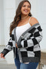 Black Checkered Drop Shoulder Buttoned V Neck Cardigan