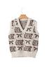 Brown Western Horseshoe Bow Printed V Neck Loose Sweater Vest
