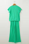 Bright Green Solid Corded Knit Short Sleeve T Shirt and Wide Leg Pants Set