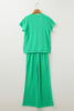 Bright Green Solid Corded Knit Short Sleeve T Shirt and Wide Leg Pants Set