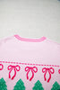 Pink Festive Holiday Print Round Neck Loose Tunic Sweater
