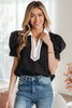 Black Ricrac Trim Color Block Patchwork Shirt Collar Short Sleeve Blouse