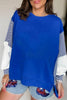Dark Blue Striped Patchwork Sleeve Colorblock Sweatshirt