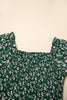 Green Smocked Square Neck Puff Short Sleeve Floral Dress