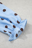 Sky Blue Polka Dot Print Ruffle Stand Neck 3/4 Sleeve Shift Shirt