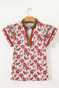 Red Floral Print Contrast Trim V Neck Double Ruffled Short Sleeve Blouse