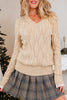Smoke Gray Pearl Beaded Pointelle Knit V Neck Lace Patchwork Sleeve Sweater