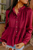 Burgundy Corduroy Ruffle Tiered Buttoned O Neck Shirt