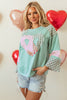 Beige Plaid Floral Peace Heart Graphic Wide Long Sleeve Top