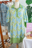 Sky Blue Floral Print Color Block Patchwork Shirt Collar Half Sleeve Mini Dress