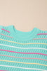 Green Colorful Striped Eyelet Knit Ruffled Sleeve Sweater T Shirt