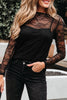 Black Lace Crochet Mesh Patched Slim Fit Long Sleeve Top
