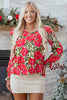 Red Floral Print Lace up V Neck Flounce Sleeve Blouse