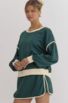 Evergreen Color Contrast Loose Pullover and Lace-up Waist Skirt Set