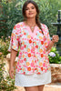 White Floral Split V Neck Wide Short Sleeve Plus Size Blouse Top