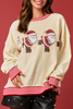 Beige Santa Skiing Graphic Striped Trim Corded Sweatshirt