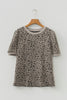 Khaki Textured Leopard Print Crew Neck Short Sleeve Top