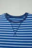 Blue Stripe Striped Ribbed Cotton Two-Piece Short Set with Chest Patch Detail