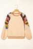 Light French Beige Aztec Patchwork Raglan Pullover Sweatshirt