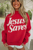 Fiery Red Jesus Saves Slogan Print Stand Neck Baggy Sweatshirt
