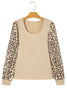 Apricot Leopard Sleeve Patchwork Ribbed Knit U Neck Top