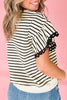 Black Stripe Eyelet Trimmed Ruffled Short Sleeve Plus Size Top