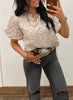 Iceland Blue Floral Textured Jacquard Puff Sleeve Blouse