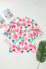 Pink Plus Size Floral Print Ruched Short Sleeve Blouse