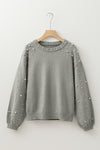 Light Grey Pearled Drop Shoulder Round Neck Sweater