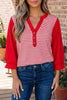 Red Stripe Half Placket V Neck Contrast 3/4 Sleeve Patchwork Top