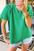 Bright Green Textured Puff Short Sleeve Notched V Neck Top