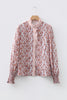 Floral Print Frilled Striped Trim Button Down Smocked Cuffs Long Sleeve Shirt