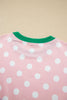 Pink Polka Dot Contrast Trim Long Sleeve Top Drawstring Shift Pants Set