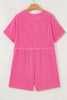 Bright Pink Spiral Ribbed Short Sleeve V Neck Buttoned Romper with Pocket