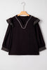 Black Contrast Stitched Detail V Neck Ruffle Long Sleeve Blouse