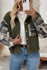 Jungle Green Ribbed Fleece Plaid Print Patchwork Button Up Jacket