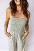 Green Smocked Bodice Square Neck Sleeveless Floral Jumpsuit