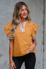 Buckskin Contrast Leopard Trim Split Neck Puff Sleeve Blouse